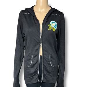 Charlotte Tarantola Womens Silk Angora Sweater Embroidered Hooded Black Medium